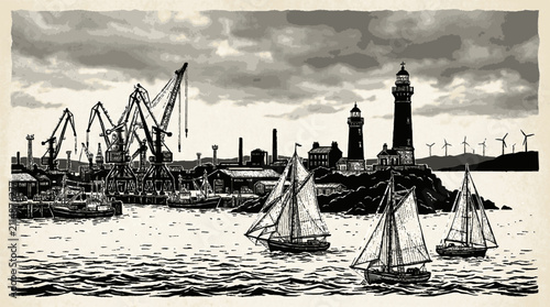 Vintage coastal harbor illustration featuring industrial cranes sailing vessels lighthouses wind turbines under cloudy sky with style illustration