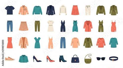 Modern Women's Wardrobe Flat Vector Icon Collection – Minimal Editable SVG Fashion Clothing Set