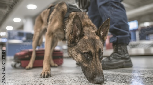 A German Shepherd sniffs the floor in an indoor setting, likely performing a search task, while a person in uniform stands nearby.