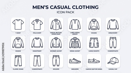 Men's Casual Clothing Icon Pack – Clean Outline Vector Shirts, Jeans, Hoodies & Sneakers