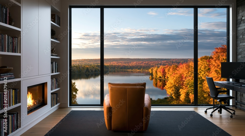 Obraz premium Office interior with modern home design and autumn river view from a cozy window