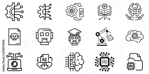 Artificial Intelligence Line Icons Set | AI Assistant, Machine Learning, Robotics, Smart Automation & Neural Network Outline Vector Collection