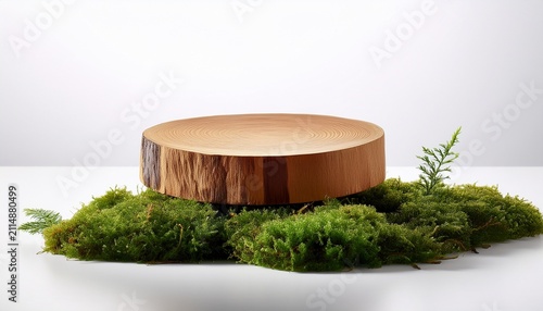 Rustic Wood Slice Podium Surrounded By Green Moss On Clean White Background For Natural Product Display Mockup