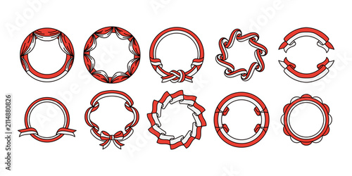 Red and white ribbon round frames set