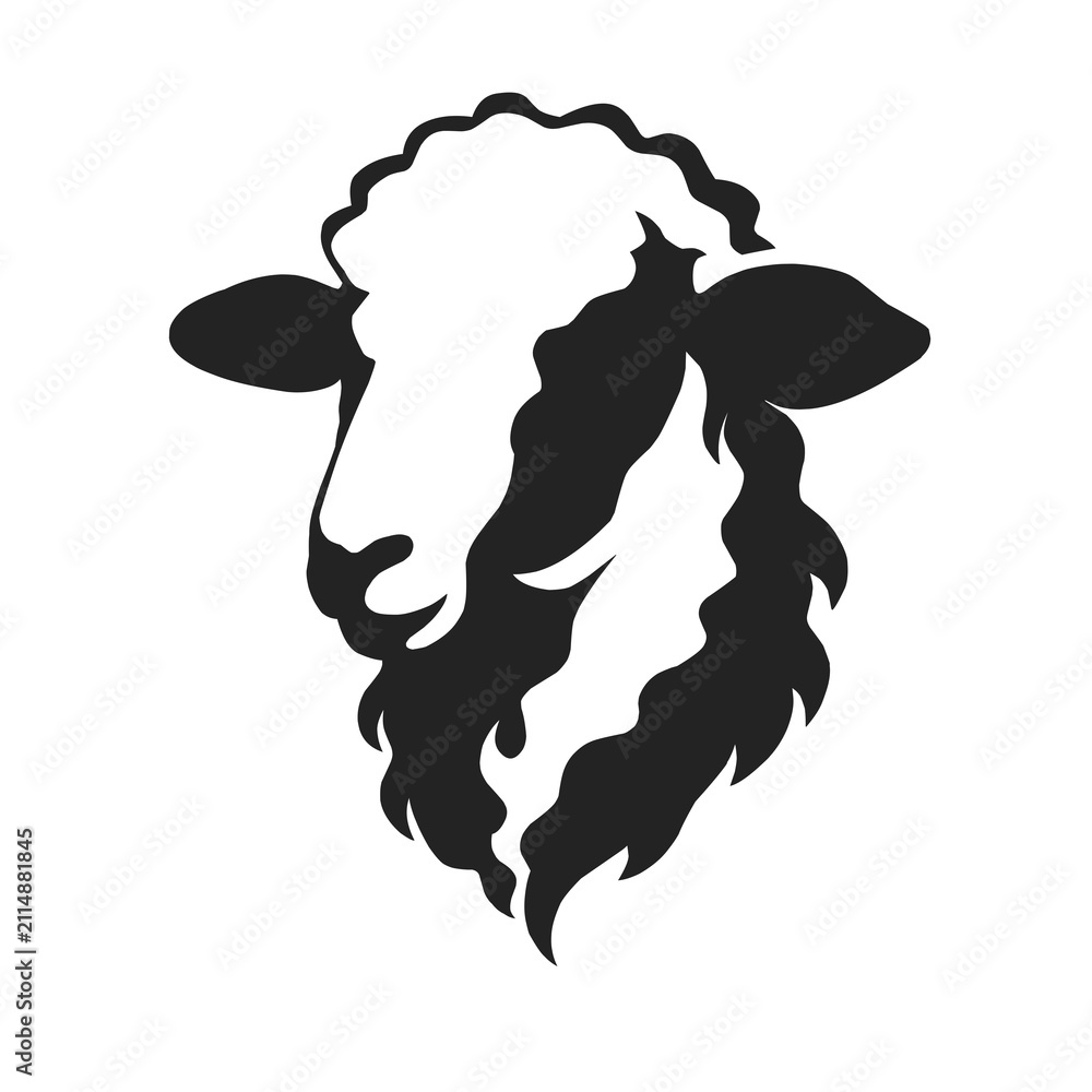 Fototapeta premium Minimalist Black and White Sheep Head Silhouette Logo, Three Quarter Front View Ram Mascot, Modern Vector Style Farm Animal Emblem with Curly Wool, Bold Monochrome Livestock Icon Isolated on White Bac