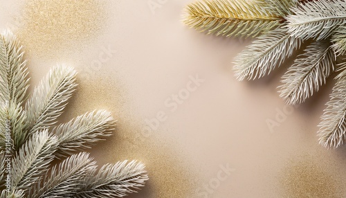 Minimalist Christmas Background With Frosted Pine Branches And Golden Glitter On A Beige Textured Surface Perfect For Elegant Holiday Cards Invitations Or Festive Banners