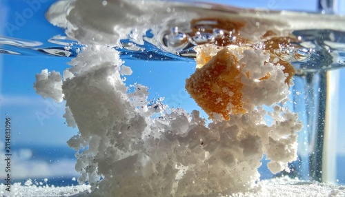 Macro view of sugar and salt crystals dissolving in water with a blue sky background
