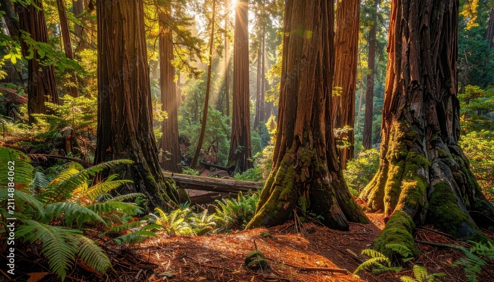Obraz premium Majestic ancient redwood trees bathed in golden sunlight, illuminating a serene forest floor.