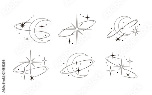 Set of six mystical moon and stars line art illustrations isolated on a white background. Black linear vector icon set with crescent, sparkles, and orbits for tattoo, tarot, and esoteric design.