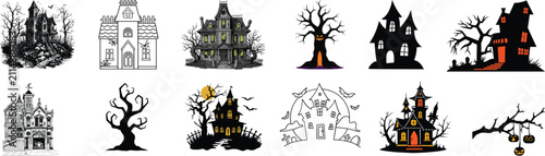 Obraz na płótnie Haunted house and dead tree silhouettes for halloween themed graphics