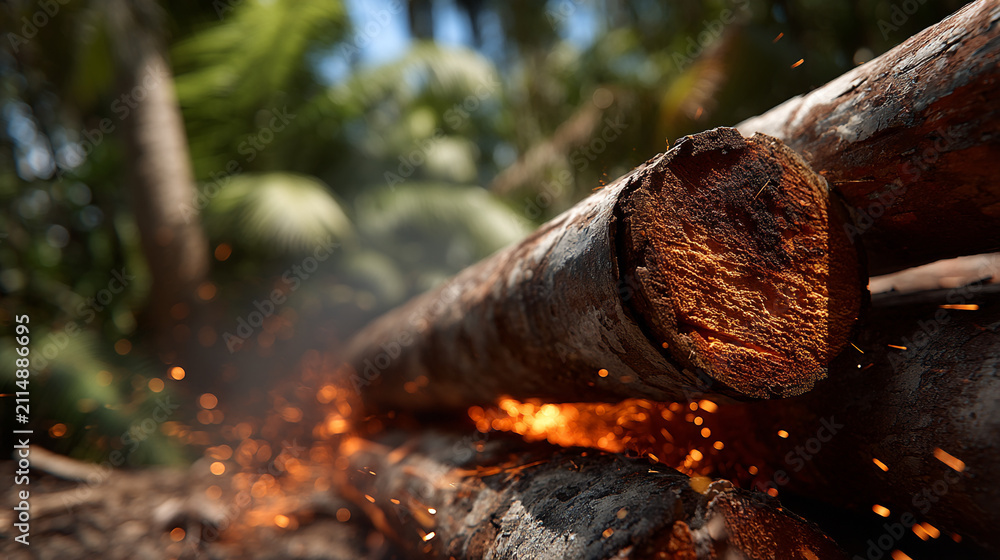 Fototapeta premium Outdoor burning logs emitting sparks and smoke in a natural woodland forest setting