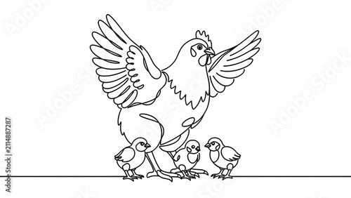 Mother hen with chicks on white background.