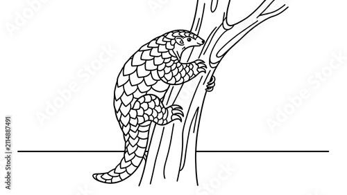 Pangolin climbing tree white background.