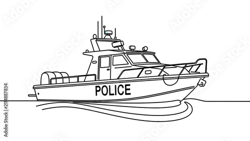 Police boat line drawing white background.