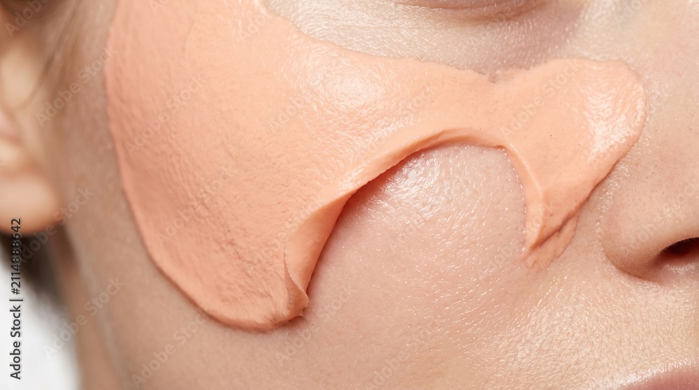 Fototapeta premium Macro close up of pink clay facial mask smeared on human cheek for pore cleansing