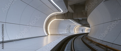 Modern subway tunnel with glowing lights. Futuristic underground train station architecture.