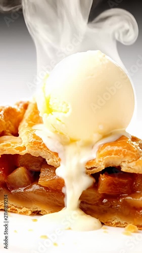 Apple pie slice with melting vanilla ice cream