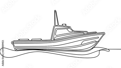 Simple fishing boat line drawing white background.