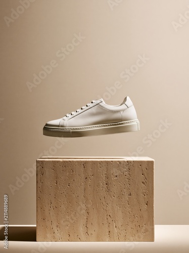 White sneaker floating above a cork block. Modern footwear product display on beige background.