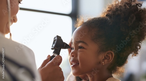 Pediatrician examining a young girl. Doctor using an otoscope for a child ear checkup.