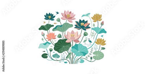Lotus Flowers and Aquatic Plants Vector Illustration