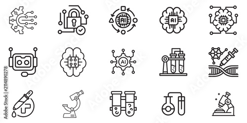 Artificial Intelligence & Medical Research Line Icons Set | AI Healthcare, Biotechnology, Laboratory, Genetics and Smart Science Outline Vector Collection
