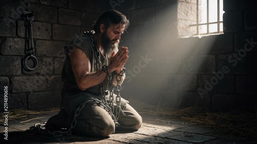 Man in chains praying in a dark prison cell with light streaming through barred window