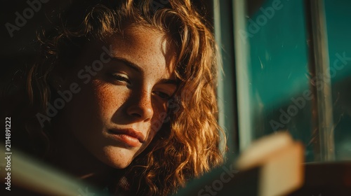 Young woman reading a book by a window on a train, natural light highlighting her curly hair and contemplative expression.
