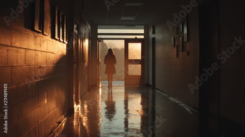 Silhouette of person standing in a long hallway doorway, warm light beams create dramatic shadows and reflections, mysterious ambiance.