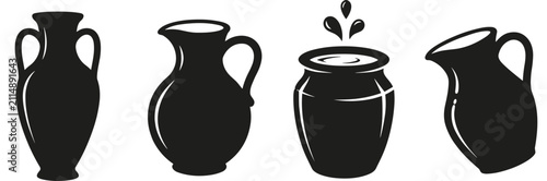 Foto Ceramic Clay Pot and Pitcher Silhouette Vector Set with Traditional Earthenware