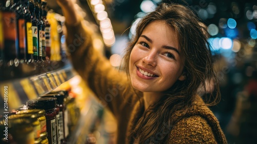 Smiling woman browsing gourmet food products on a shelf in a festive night market, warm and inviting atmosphere.