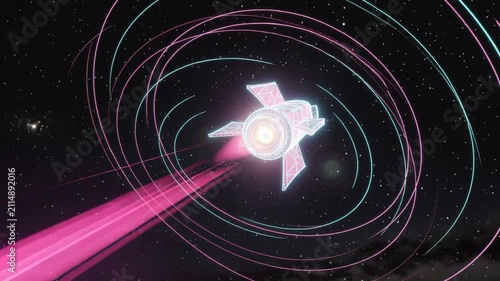 Futuristic neon rocket ship flying through outer space with glowing light trails and starry background