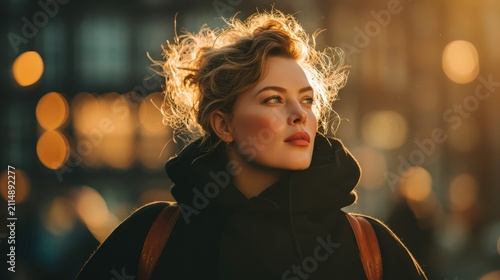 Pensive Woman in Urban Setting - Moody Portrait of Young Adult with Curly Hair and Hooded Jacket Gazing into the City Lights