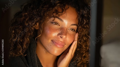 Young woman with freckles smiles softly while touching her face in warm natural light, intimate portrait conveying natural beauty and self-care.