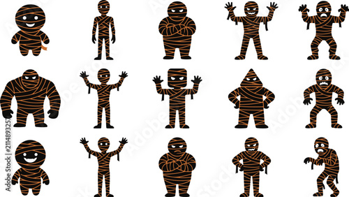 Bild auf Leinwand Set of cute cartoon halloween mummy characters in various poses for festive holi