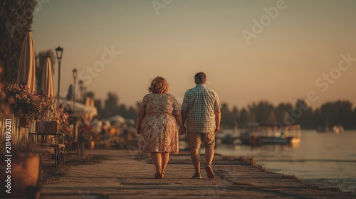 Couple Holding Hands Walking Along Lakeside Promenade at Golden Hour Sunset - Romantic Travel Lifestyle Stock Photo