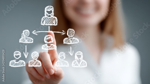Woman Interacting with Organizational Chart: Team Structure, Workflow Management, Business Strategy & Collaboration Visualization Concept.