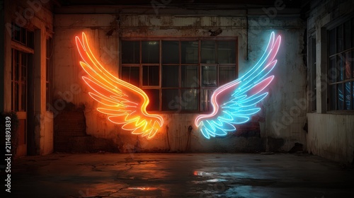 Neon Wings Art Installation – Dual Colored Angelic Imagery on Industrial Wall Background for Creative Concepts and Symbolic Design