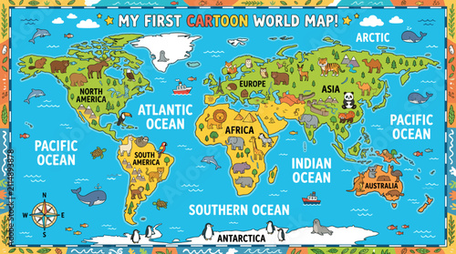 Cartoon world map with cute animals, educational kids poster, flat vector continent geography illustration
