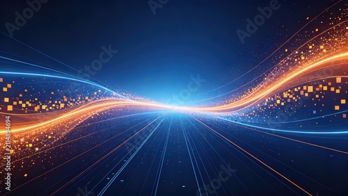 Abstract glowing data wave with flowing digital particles and light trails, idea for artificial intelligence, big data analytics and futuristic technology background