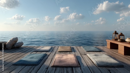 Serene Ocean View Yoga Platform with Rugs, Pillows, and Lanterns for Meditation Retreat Relaxation Wellness Space