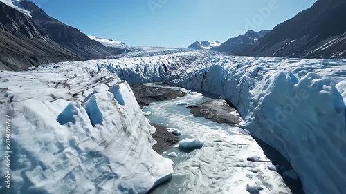 Massive glacier and meltwater river in a rugged mountain valley