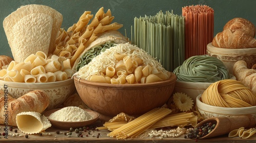 Abundant Italian Pasta Still Life with Bread, Flour, Spices, and Various Shapes – Rustic Food Photography
