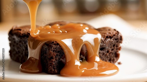 Warm caramel sauce pouring over a fudgy brownie with sea salt.