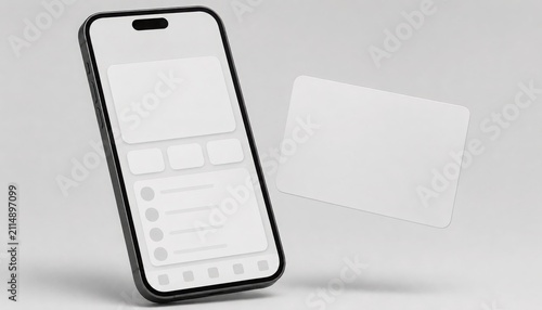 3d render of a modern smartphone with a blank screen and a floating empty credit card mockup for digital payment or banking app design presentation
