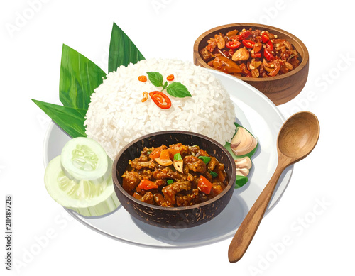 Digital Illustration of Asian Rice Bowl with Stir Fried Spicy Pork and Chili