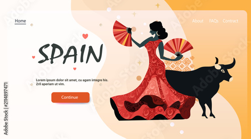 Flamenco dancer bull Spanish culture traditional dress fans abstract background website landing page