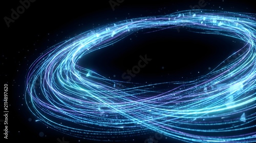 Glowing Cyan Blue Light Streaks Forming Futuristic Energy Ring and Particle Portal on Black Background