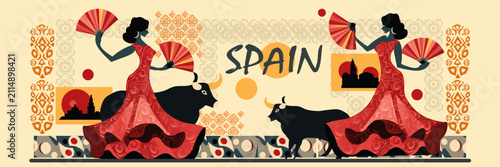Flamenco dancers Spanish bull silhouettes traditional patterns cultural architecture festive scene decorative background banner