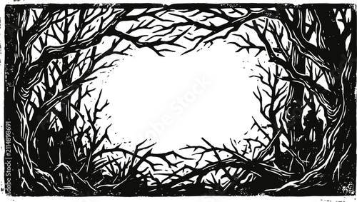 A spooky forest frame illustration featuring dark twisted branches and trees with a central space for custom happy halloween lettering calligraphy designs